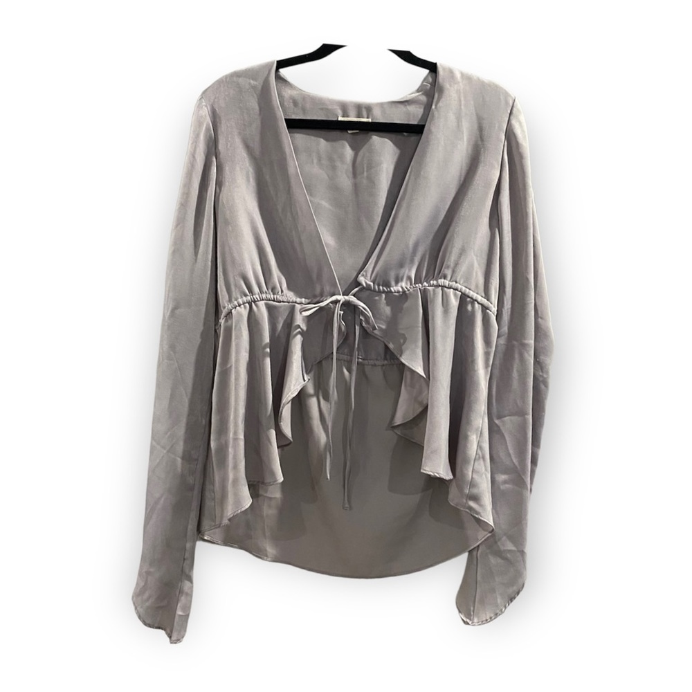 Crescent Front Tie Satin Long Sleeve Top Purple Lavender Large
